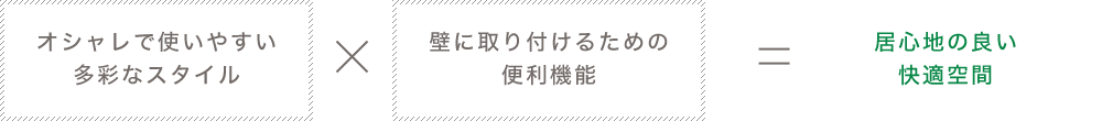 オシャレで使いやすい多彩なスタイル×壁に取り付けるための便利機能＝居心地の良い快適空間